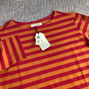 Seasalt Cornwall Sailor Top Womens US 12 Striped Raspberry Orange 3/4 Sleeve NWT